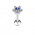 Piercing do brady - labreta kytička, modrý/číre kamienky