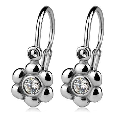 Detské náušnice strieborné - kvietky, číre zirkóny