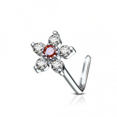Zahnutý piercing do nosa, červený kamienok