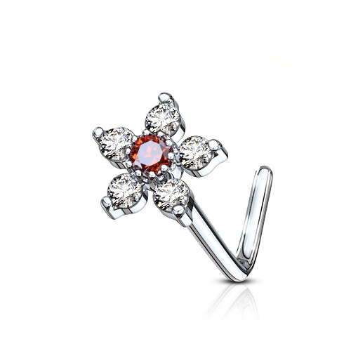 Zahnutý piercing do nosa, červený kamienok