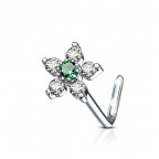 Zahnutý piercing do nosa, zelený kamienok