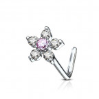 Zahnutý piercing do nosa, ružový kamienok