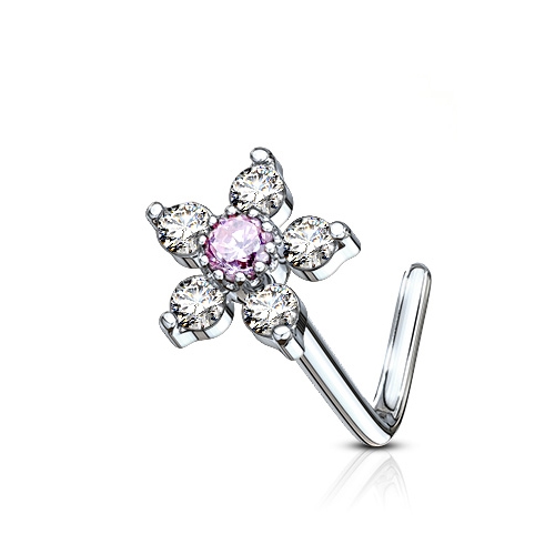 Zahnutý piercing do nosa, ružový kamienok