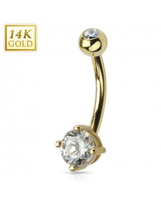 Zlatý piercing do pupku - číre zirkóny, Au 585/1000