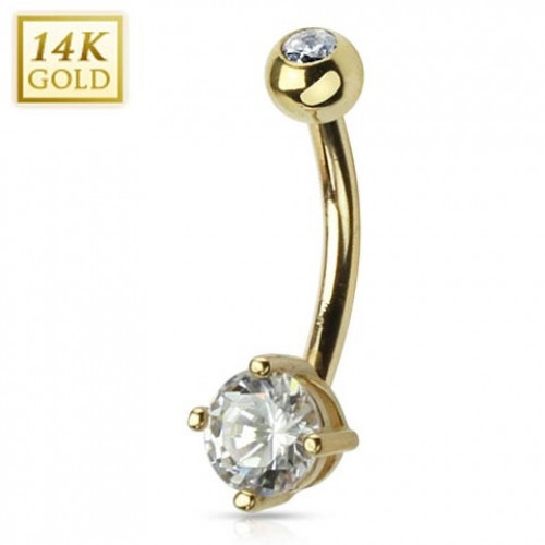 Zlatý piercing do pupku - číre zirkóny, Au 585/1000