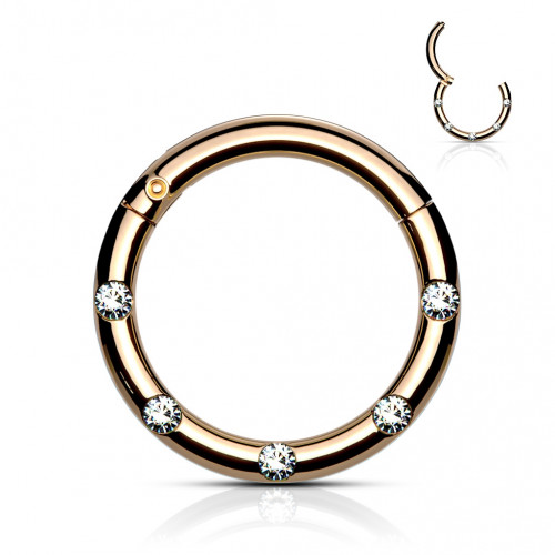Pozlátený piercing kruh segment, číre kameňa, 1,2 x 8 mm