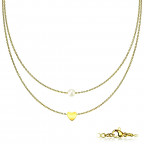 Dvojitý pozlátený oceľový náhrdelník so srdiečkom a perličkou