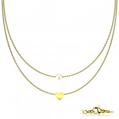 Dvojitý pozlátený oceľový náhrdelník so srdiečkom a perličkou
