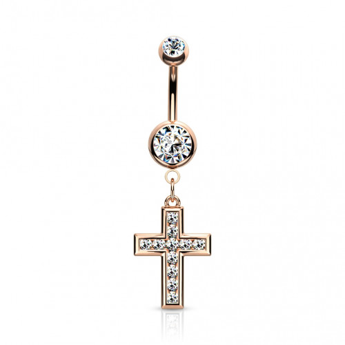 Pozlátený piercing do pupku - krížik číre zirkóny