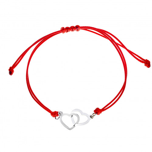 Červený textilný náramok s prepojenými srdiečkami
