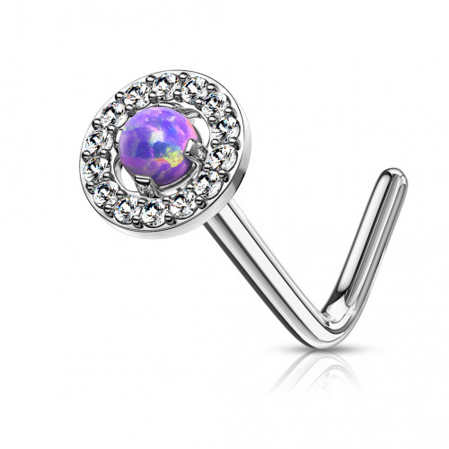 Zahnutý piercing do nosa - fialový opál