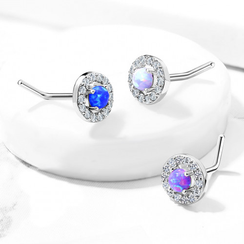 Zahnutý piercing do nosa - fialový opál