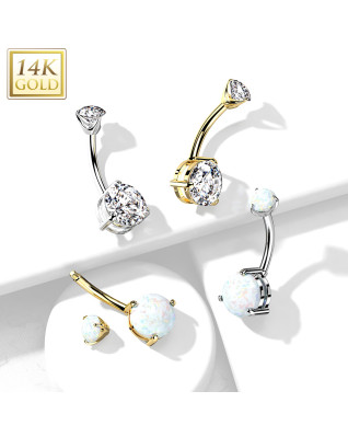 Zlatý piercing do pupku - biely opál, Au 585/1000