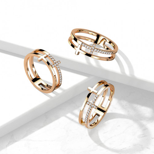 Dvojitý oceľový prsteň s krížom