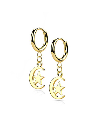 Pozlátené oceľové náušnice - mesiac s hviezdou