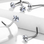 Zahnutý piercing do nosa - titán, číry kamienok