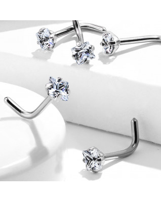 Zahnutý piercing do nosa - titán, číry kamienok