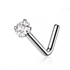 Zahnutý piercing do nosa - titán, číry kamienok