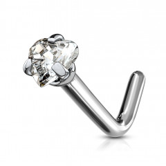 Zahnutý piercing do nosa - titán srdiečko, číry kamienok