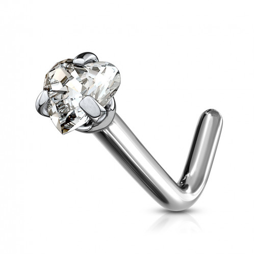 Zahnutý piercing do nosa - titán srdiečko, číry kamienok