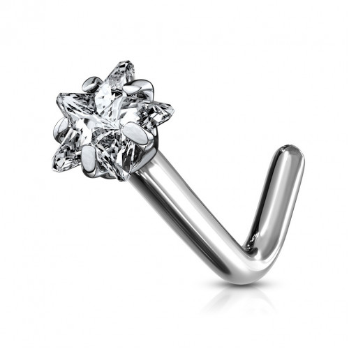 Zahnutý piercing do nosa - titán hviezda, číry kamienok