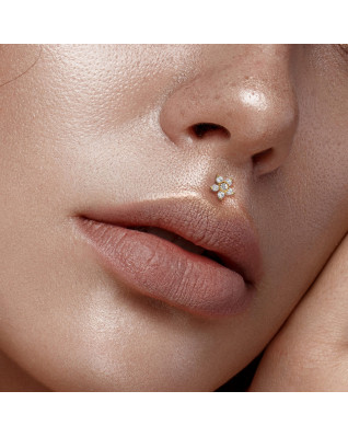 Pozlátená labreta / piercing do ucha - kvietka, číre zirkóny