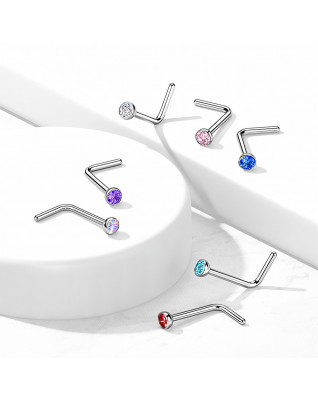 Zahnutý piercing do nosa - titán, 1,5mm číry kamienok