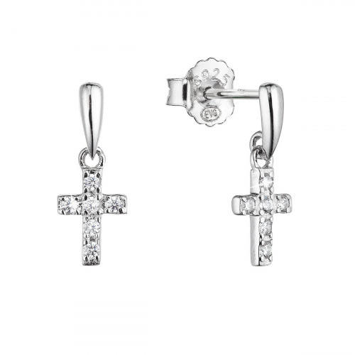 Strieborné náušnice visiaci krížik so zirkónmi