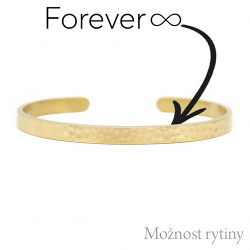 Tepaný pozlátený oceľový náramok s rytinou textu