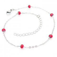 Oceľový náramok na nohu s červenými korálkami