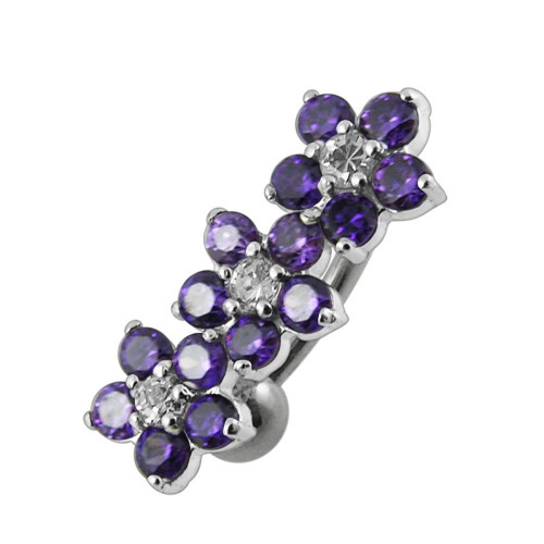 Strieborný piercing do pupku so štítom - kvietky