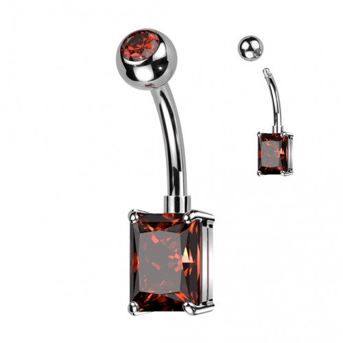 Piercing do pupku s obdĺžnym kameňom, farba: červená