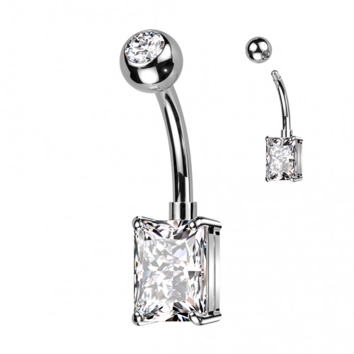 Piercing do pupku s obdĺžnym kameňom, farba: číra