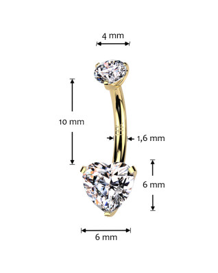 Zlatý piercing do pupku - srdce, Au 585/1000