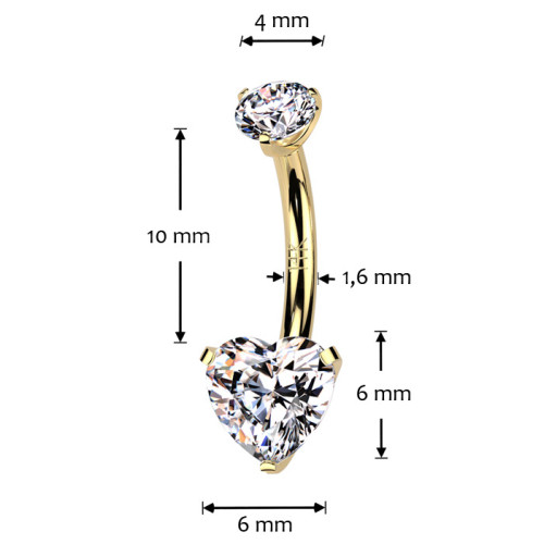 Zlatý piercing do pupku - srdce, Au 585/1000