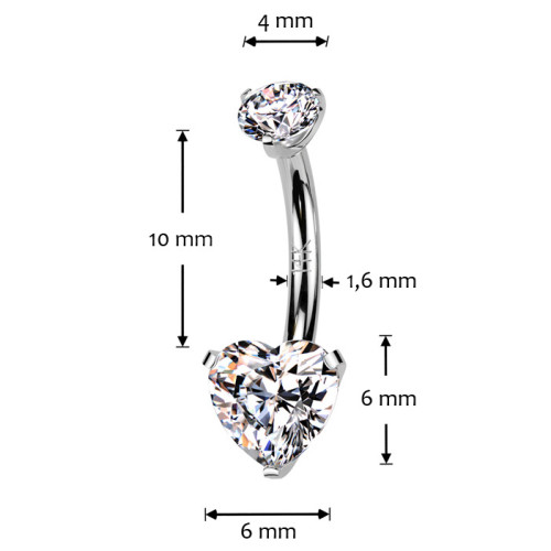 Zlatý piercing do pupku - srdce, Au 585/1000