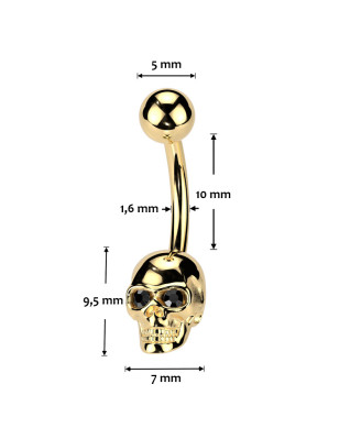 Pozlátený piercing do pupku lebka
