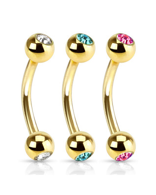 Pozlátený piercing do obočia s kamienkami