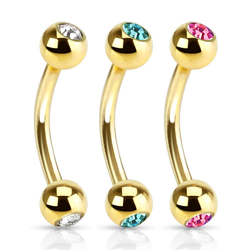 Pozlátený piercing do obočia s kamienkami