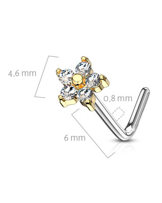 Pozlátený zahnutý piercing do nosa, číre kamienky