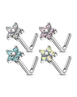 Zahnutý piercing do nosa, číre kamienky