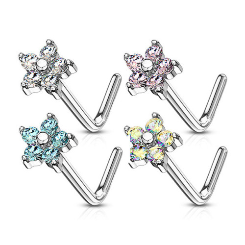 Zahnutý piercing do nosa, číre kamienky