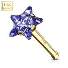 Zlatý piercing do nosa - hviezda, fialový zirkón, Au 585/1000
